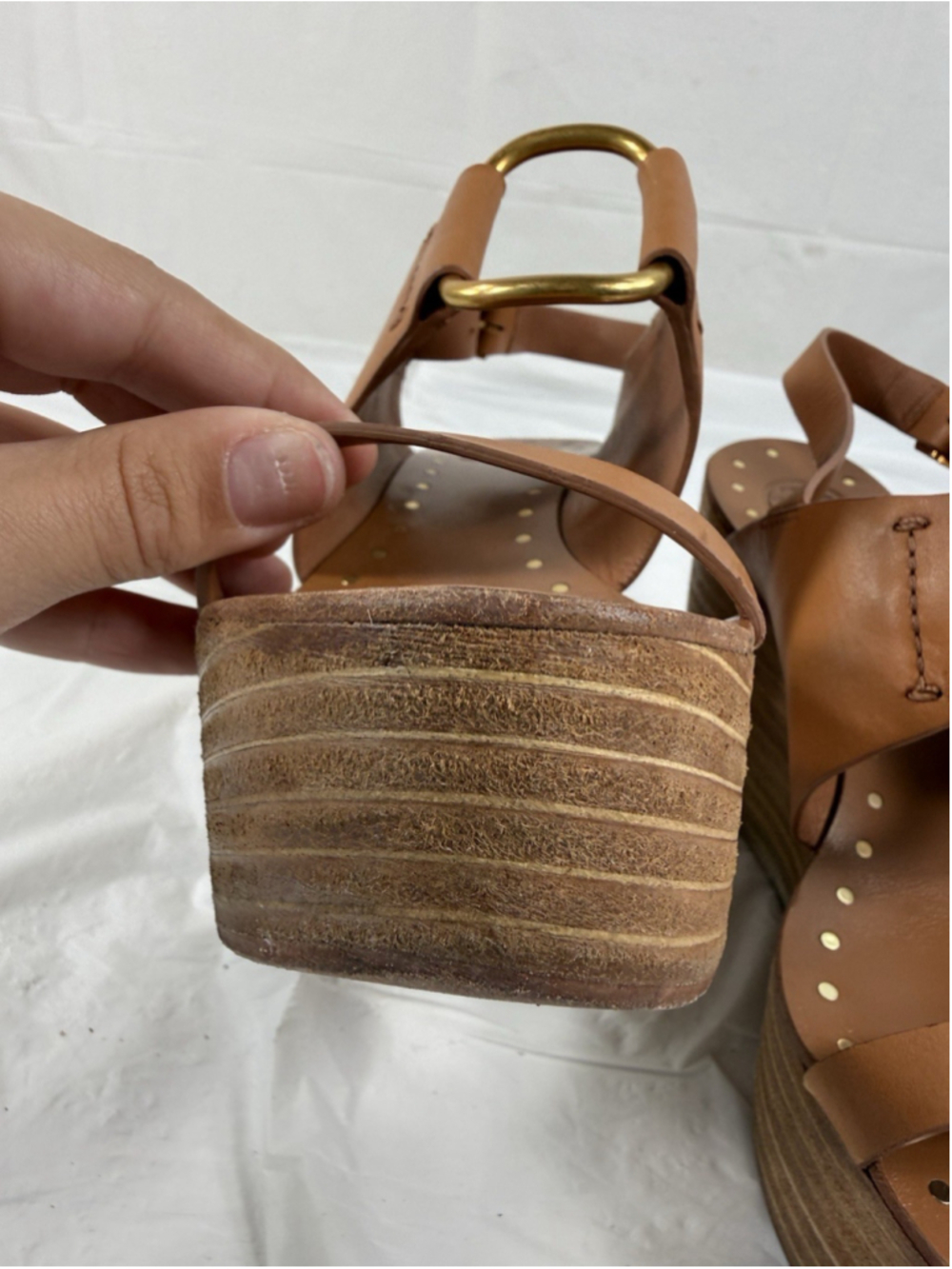 Tory Burch Ravello Tan Leather O-Ring Studded Platform Wedge Sandal size 7 - Picture 15 of 15